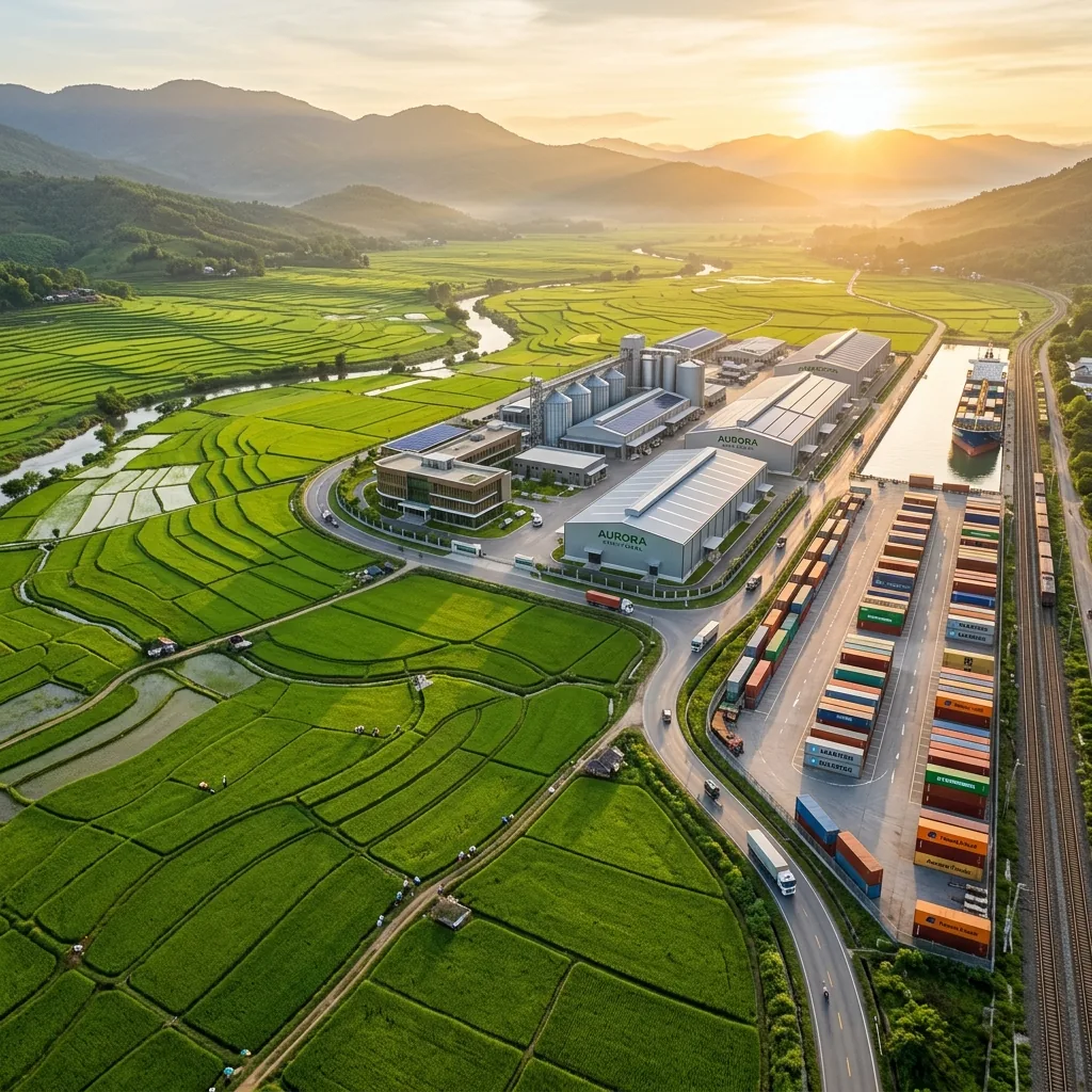 Lush rice fields and shipping infrastructure